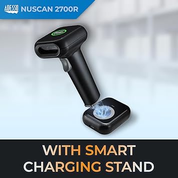 Adesso NuScan 2700R 1D 2D Wireless Barcode Scanner with Charging Cradle, 150ft Range, Spill Resistant, for Warehouse, Library, Healthcare, Logistics, Retail