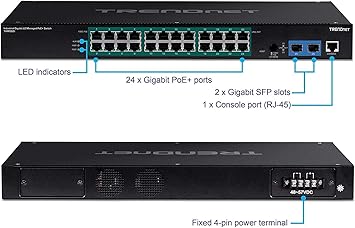 TRENDnet 26-Port Industrial Gigabit L2 Managed PoE+ Switch, TI-RP262i, 1U 19” Rackmount, 24 x Gigabit PoE+ Ports, 2 x SFP Slots (100/1000Base-FX), IP30, VLAN, QoS, 685W PoE Power Budget, Fanless