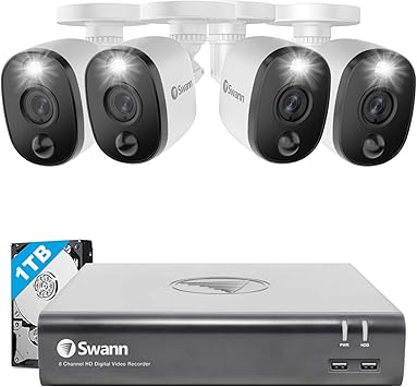 Swann Home DVR Security Camera System with 1TB HDD, 4 Channel 4 Camera, 1080p Full HD Video, Indoor or Outdoor Wired Surveillance CCTV, Color Night Vision, Heat Motion Detection, LED Lights, 445804