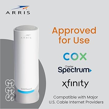ARRIS (S33) - Cable Modem - Fast DOCSIS 3.1 Multi-Gigabit WiFi for Comcast Xfinity, Cox, Spectrum & More 1 & 2.5 Gbps Ports 2.5 Gbps Max Internet Speeds 4 OFDM Channels 2 Year Warranty