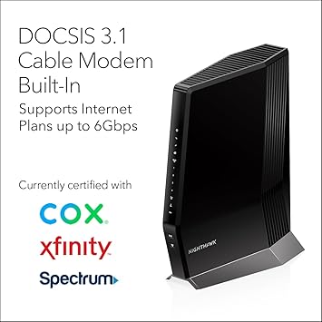 NETGEAR Nighthawk Cable Modem with Built-in WiFi 6 Router (CAX80) - Compatible All Major Providers incl. Xfinity, Spectrum, Cox | Plans Up to 6Gbps AX6000 Speed DOCSIS 3.1, Black