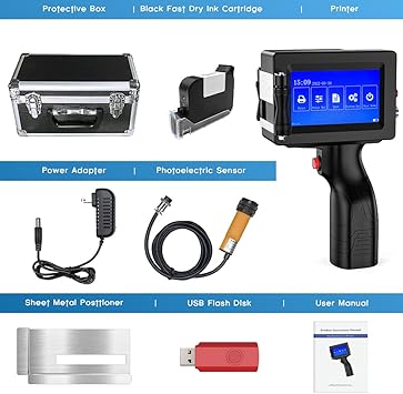 BESHENG Handheld Inkjet Printer JS12H1, Handheld Inkjet Printer Gun with Quick-Drying Ink Cartridge Date Printing Machine for Text/QR Code/Barcode/Batch Number/Label Handheld Printer for Any Surface