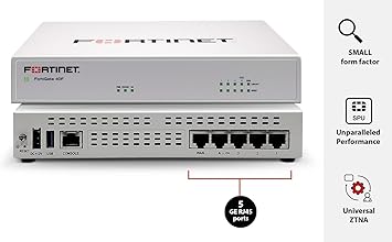 FORTINET FortiGate FG-40F Network Security/Firewall Appliance - 5 Port - 10/100/1000Base-T - Gigabit Ethernet - 5 x RJ-45 - Wall Mountable - TAA Compliant, 1YR UTM Protection (FG-40F-BDL-950-12)