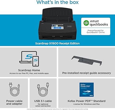 ScanSnap iX1600 Receipt Edition Color Duplex Invoice Document Scanner for Mac and PC Works with QuickBooks Online, Black
