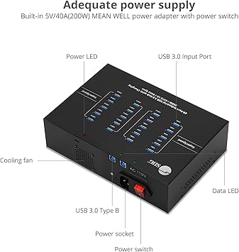 SIIG 20-Port Industrial USB 3.0 Hub with Charging and High Speed Data Transfer Sync (5Gbps) - Includes Sturdy Metal Casing and Cooling Fan (ID-US0611-S1)