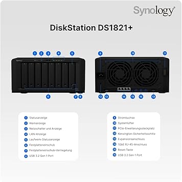 Synology Disk Station DS1821+ - NAS Server - 8 Bays - SATA 6Gb/s - RAID RAID 0, 1, 5, 6, 10, JBOD - RAM 4 GB - Gigabit E