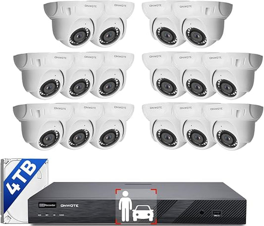 ONWOTE 4K 16 Channel PoE Security Camera System 4TB, Human Detection, 16CH 4K 8MP H.265 NVR，(16) Outdoor Dome 5MP 2592x1944 Wired PoE Cameras with Wide Angle, 2-Storage-Bay, 16CH Synchro Playback