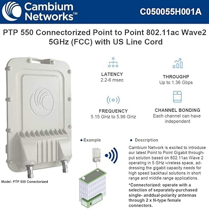 Cambium Networks - C050055H001A - PTP550 5GHz Connectorized End with AC Power Supply, Mounting Bracket and US Line Cord (FCC)