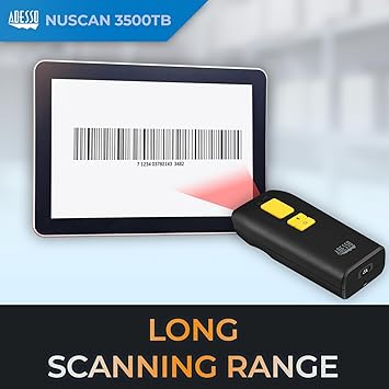 NuScan 3500TB - Portable Commercial 2D Wireless Barcode Scanner with Detachable Magnetic Cable, Antimicrobial, CCD Sensor, with Bluetooth for POS, Smartphones, and Tablets