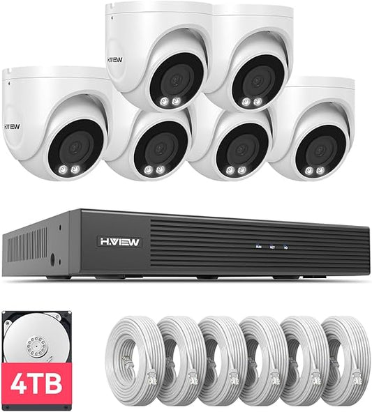H.VIEW 4K Home Security Camera System Poe 8mp 6 Pcs IP Dome CCTV Camera Kits, 4K PoE Cameras Home Surveillance Wired Outdoor, 8CH NVR 4TB HDD with Audio,Smart AI Detection