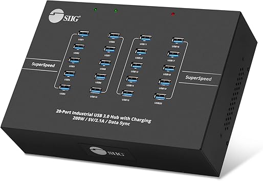 SIIG 20-Port Industrial USB 3.0 Hub with Charging and High Speed Data Transfer Sync (5Gbps) - Includes Sturdy Metal Casing and Cooling Fan (ID-US0611-S1)