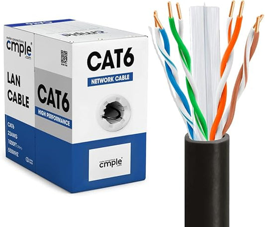 Cmple - Cat6 Network (UTP), 23AWG Bulk LAN Ethernet Cable, CMR, Support 10 Gbps - 550 MHz, 1000 Feet, Black