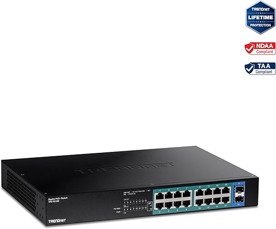 TRENDnet 18-Port Gigabit PoE+ Switch, 16 x 30W PoE+ Ports, 2 Gigabit SFP Slots, 240W PoE Budget, 36Gbps Switching Capacity, 1U 19” Rack Mountable, Lifetime Protection, Black, TPE-TG182
