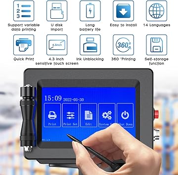 BESHENG Handheld Inkjet Printer JS12H1, Handheld Inkjet Printer Gun with Quick-Drying Ink Cartridge Date Printing Machine for Text/QR Code/Barcode/Batch Number/Label Handheld Printer for Any Surface