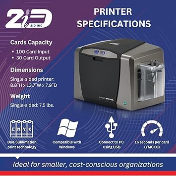 2ID Fargo DTC1250e Single-Sided Badge Printer & Complete Supplies Package | Includes Beginner Edition Card Production Software for School IDs, Corporate Access Cards, and Business Badges