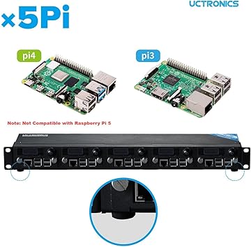 UCTRONICS for Raspberry Pi Rackmount Complete Enclosure 2.0 with PoE Functionality, Front Removable 19" 1U Rack Mount with Captive Screws, Supports Up to 5 RPis, Compatible with Raspberry Pi 4B, 3B+