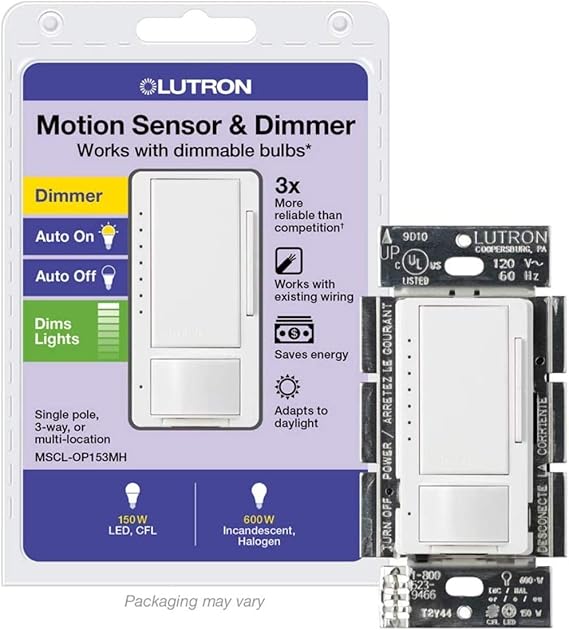 Lutron Maestro Motion Sensor Dimmer Switch for Bathroom, Garage, Laundry Room, and Closet, Occupancy and Vacancy Sensor, Single-Pole/Multi-Location, No Neutral Required, MSCL-OP153M-WH, White