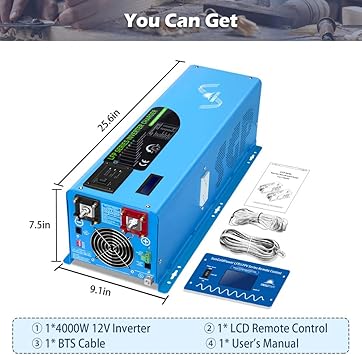 4000W 12V Inverter Charger,Peak 12000W,240Vac Input, 120V/240Vac Output Split Phase,Low Frequency,Pure Sine Wave Inverter, LCD Remote Controller,for Off Grid System(Upgraded Version)