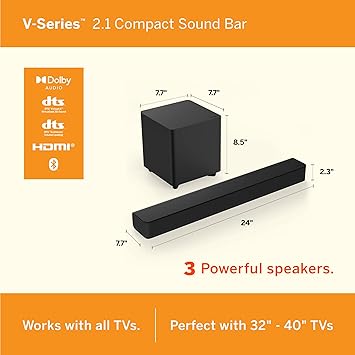 VIZIO V-Series 2.1 Compact Home Theater Sound Bar with DTS Virtual:X, Bluetooth, Wireless Subwoofer, Voice Assistant Compatible, Includes Remote Control