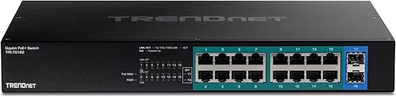 TRENDnet 18-Port Gigabit PoE+ Switch, 16 x 30W PoE+ Ports, 2 Gigabit SFP Slots, 240W PoE Budget, 36Gbps Switching Capacity, 1U 19” Rack Mountable, Lifetime Protection, Black, TPE-TG182
