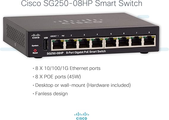 CISCO DESIGNED SG250-08HP Smart Switch with 8 Gigabit Ethernet (GbE) Ports Plus 45W PoE, Limited Lifetime Protection (SG250-08HP-K9-NA), Black