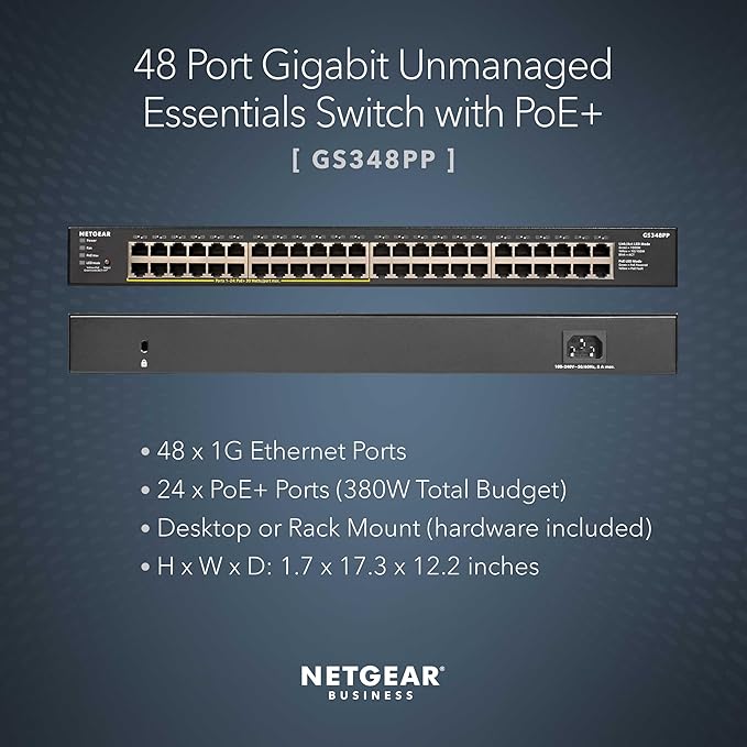 NETGEAR 48-Port Gigabit Ethernet Unmanaged PoE+ Switch (GS348PP) - with 24 x PoE+ @ 380W, Desktop/Rackmount, Sturdy Metal