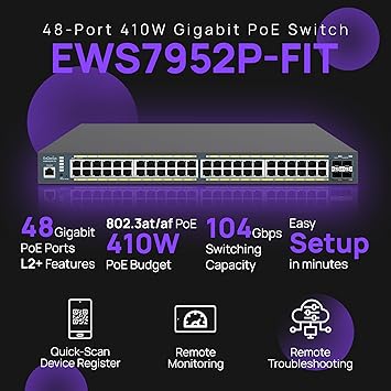 EnGenius Fit L2 Plus Managed 48-Port Gigabit PoE+ Switch | 410W Budget | 4 SFP Uplink Ports | 802.3at/af PoE+ Ready | 56 Gbps Switching Capacity [EWS7952P-FIT]