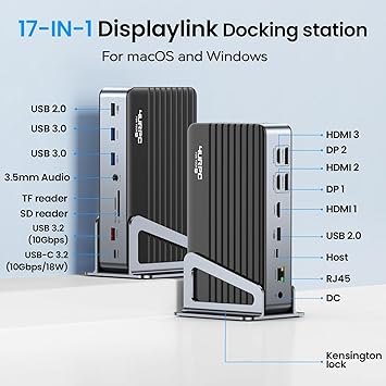 4URPC DisplayLink Docking Station Triple 4K@60Hz Monitor with 120W Power Adapter, Laptop Dock for Thunderbolt 5/4/3, USB C M1/M2/M3/M4 MacBook/Windows(Single 8K)/Chrome(3 HDMI, 2 DP, 6 USB, Ethernet)