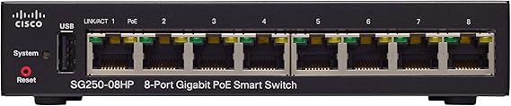 CISCO DESIGNED SG250-08HP Smart Switch with 8 Gigabit Ethernet (GbE) Ports Plus 45W PoE, Limited Lifetime Protection (SG250-08HP-K9-NA), Black