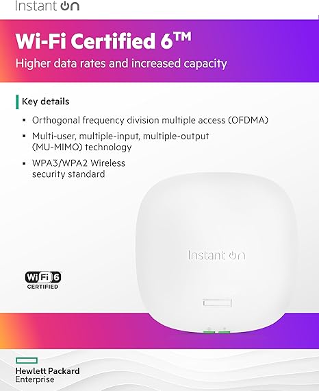 HPE Networking Instant On Access Point AP25 4x4 WiFi 6 Indoor Wireless Access Point | Power Source Not Included | US Model (R9B27A)
