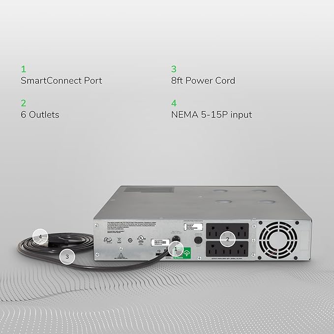 APC UPS 1500VA Smart-UPS with SmartConnect, Pure Sinewave UPS Battery Backup, Line Interactive, 120V Uninterruptible Power Supply, Rackmount UPS (SMC1500-2UC)