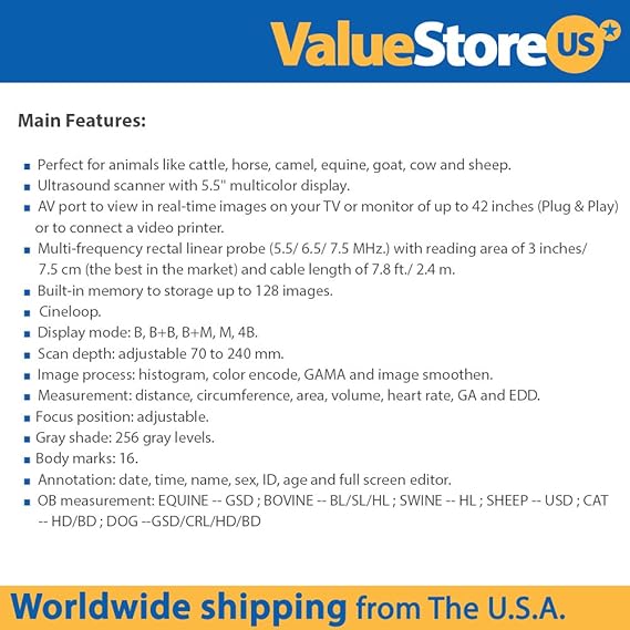 ValueStore.us Portable Ultrasound Scanner Veterinary Pregnancy V16 with 7.5 MHz Rectal Probe for Cattle Horse Camel Equine Goat Cow and Sheep.