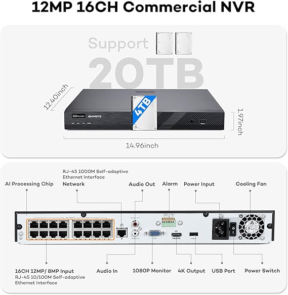 ONWOTE 4K 16 Channel PoE Security Camera System 4TB, Human Detection, 16CH 4K 8MP H.265 NVR，(16) Outdoor Dome 5MP 2592x1944 Wired PoE Cameras with Wide Angle, 2-Storage-Bay, 16CH Synchro Playback
