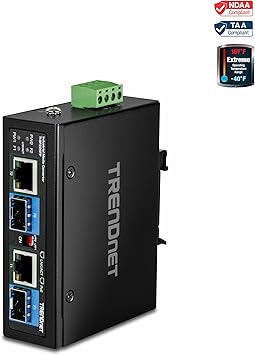 TRENDnet 2-Port Industrial SFP to Gigabit PoE++ Media Converter, TI-BF22SFP, IP30 Metal Housing, Power Supply (Model TI-S15052) Sold Separately, Black