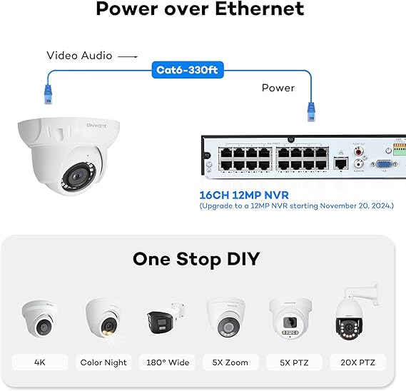ONWOTE 4K 16 Channel PoE Security Camera System 4TB, Human Detection, 16CH 4K 8MP H.265 NVR，(16) Outdoor Dome 5MP 2592x1944 Wired PoE Cameras with Wide Angle, 2-Storage-Bay, 16CH Synchro Playback