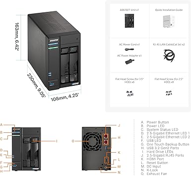 Asustor Lockerstor 2 Gen 2 AS6702T | 2 Bay NAS - Network Storage Enclosure, Quad Core 2.0GHz CPU, 4 M.2 PCIe 3.0 SSD Slot, 2 2.5GbE Port, 4GB RAM DDR4