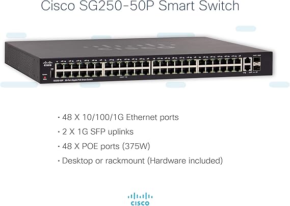 CISCO DESIGNED SG250-50P Smart Switch | 50 Gigabit Ethernet Ports | 48 Gigabit Ethernet RJ45 Ports | 2 SFP Gigabit Ethernet Combo Ports | 375W PoE | Limited Lifetime Protection (SG250-50P-K9-NA), Black