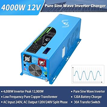 4000W 12V Inverter Charger,Peak 12000W,240Vac Input, 120V/240Vac Output Split Phase,Low Frequency,Pure Sine Wave Inverter, LCD Remote Controller,for Off Grid System(Upgraded Version)