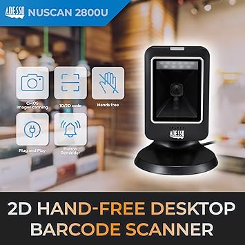 Adesso NuScan 2800U 1D 2D Wired Hands-Free Barcode Scanner Desktop Bar Code Reader Automatic Omnidirectional USB Plug and Play, for Warehouse, Library, Supermarket