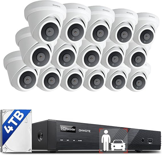 ONWOTE Wired 4K 16 Channel PoE Security Camera System 4TB, Human Vehicle Detection, 16x Outdoor Commercial 4K 8MP PoE IP Cameras Audio, 128° Field of View, 16CH Business 4K NVR, 16CH Synchro Playback