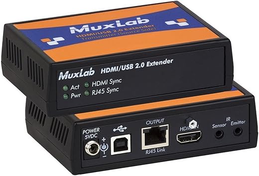 MuxLab HDMI USB 2.0 Extender Kit 500457 | HDMI USB 2.0 HDBT 4K60 Video Extender Kit Cat5e/6 RJ45 Plug Cable Bidirectional IR Transmitter Receiver