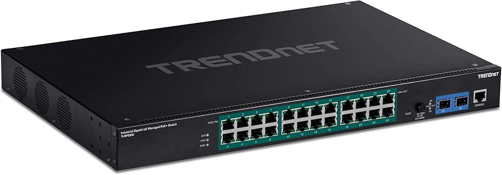 TRENDnet 26-Port Industrial Gigabit L2 Managed PoE+ Switch, TI-RP262i, 1U 19” Rackmount, 24 x Gigabit PoE+ Ports, 2 x SFP Slots (100/1000Base-FX), IP30, VLAN, QoS, 685W PoE Power Budget, Fanless