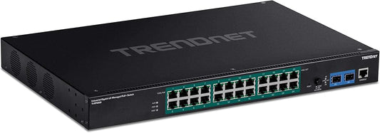 TRENDnet 26-Port Industrial Gigabit L2 Managed PoE+ Switch, TI-RP262i, 1U 19” Rackmount, 24 x Gigabit PoE+ Ports, 2 x SFP Slots (100/1000Base-FX), IP30, VLAN, QoS, 685W PoE Power Budget, Fanless