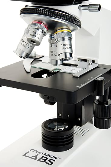 Celestron CB2000C Compound Binocular Microscope w/40x - 2000x power, mechanical stage, 4 Fully achromatic objectives, Abbe condenser, 10x and 20x eyepieces, coaxial focus, 10 prepared slides, 3 color filters, emersion oil