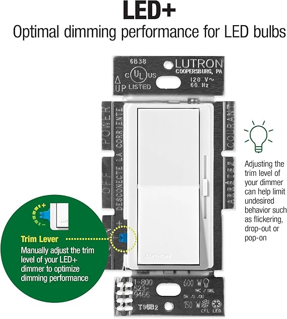 Lutron Diva LED+ Dimmer Switch for Dimmable LED, Halogen and Incandescent Bulbs, 250W/Single-Pole or 3-Way, DVCL-253P-WH, White