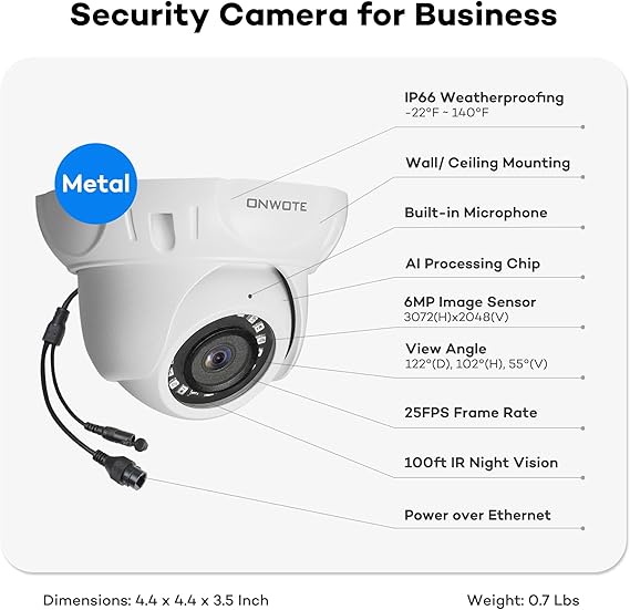 ONWOTE 4K 16 Channel PoE Security Camera System 4TB, Human Detection, 16CH 4K 8MP H.265 NVR，(16) Outdoor Dome 5MP 2592x1944 Wired PoE Cameras with Wide Angle, 2-Storage-Bay, 16CH Synchro Playback
