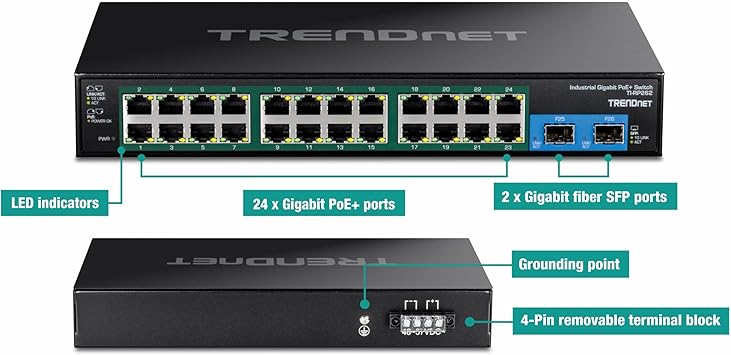 TRENDnet 26-Port Hardened Industrial Gigabit PoE+ Rackmount Switch, TI-RP262, 24 x Gigabit PoE+ Ports, 2 x Gigabit SFP Ports, Lifetime Protection, Black