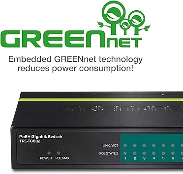 TRENDnet 8-Port Gigabit PoE+ Switch, 8 x Gigabit PoE+ Ports, 123W PoE Power Budget, 16 Gbps Switching Capacity, Desktop Switch, Ethernet Network Switch, Metal, Lifetime Protection, Black, TPE-TG80G