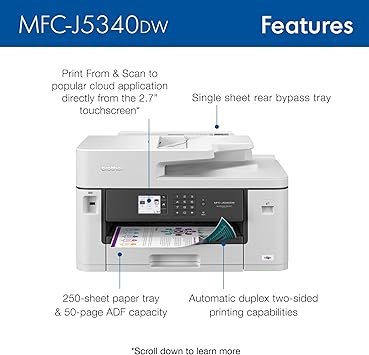 Brother MFC-J5340DW Business Color Inkjet All-in-One Printer with Printing up to 11”x17 (Ledger) Size Capabilities, White