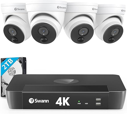 Swann 4K Master Security Camera System, 80° Wide Angle for Indoor/Outdoor Wired Home Surveillance, 8 Channel NVR with 2TB HDD, 4X Dome IP Cameras, Vandal-Resistant, Night Vision, True Detect,876804D